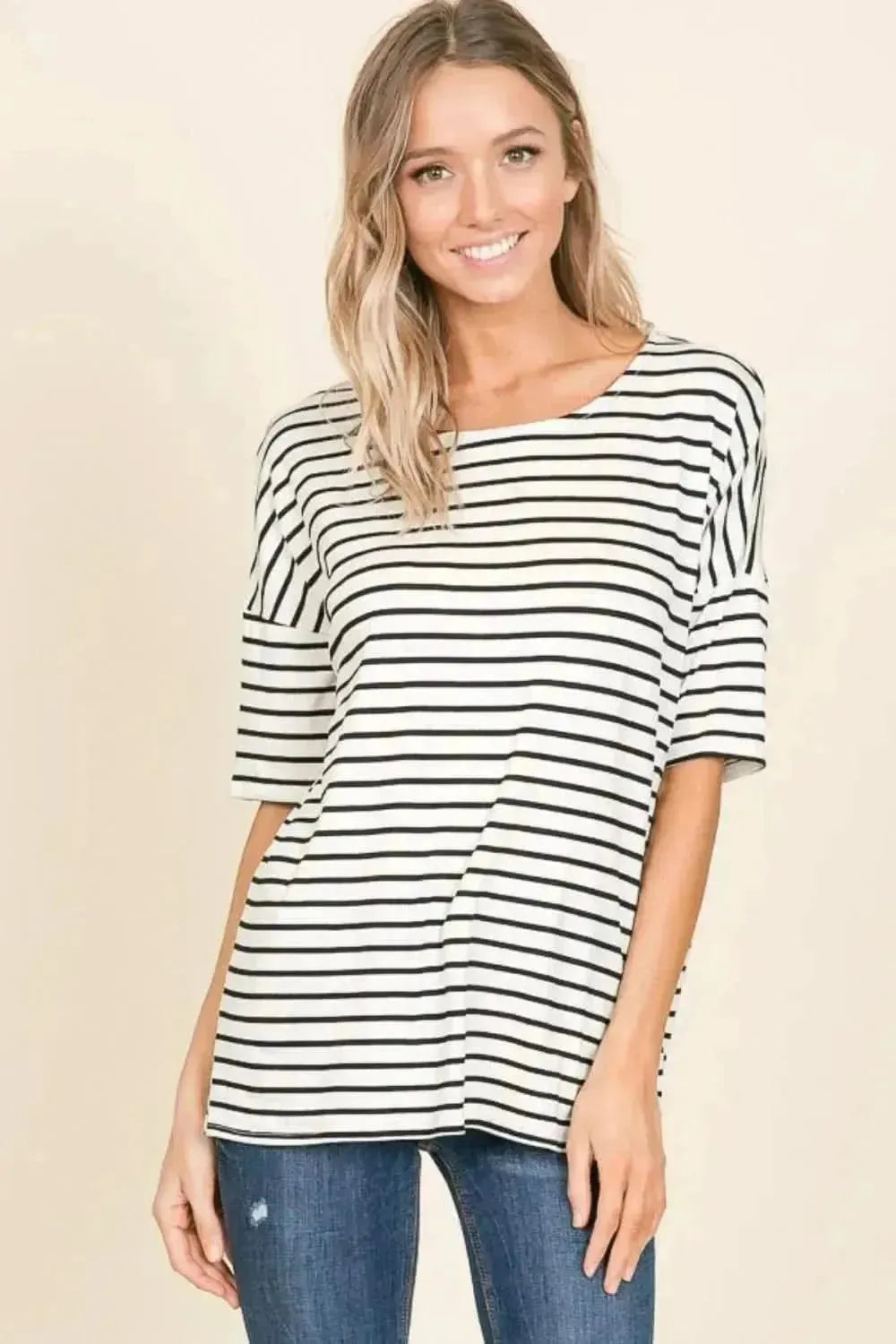 BOMBOM Striped Round Neck T-Shirt - Bad Moms Club