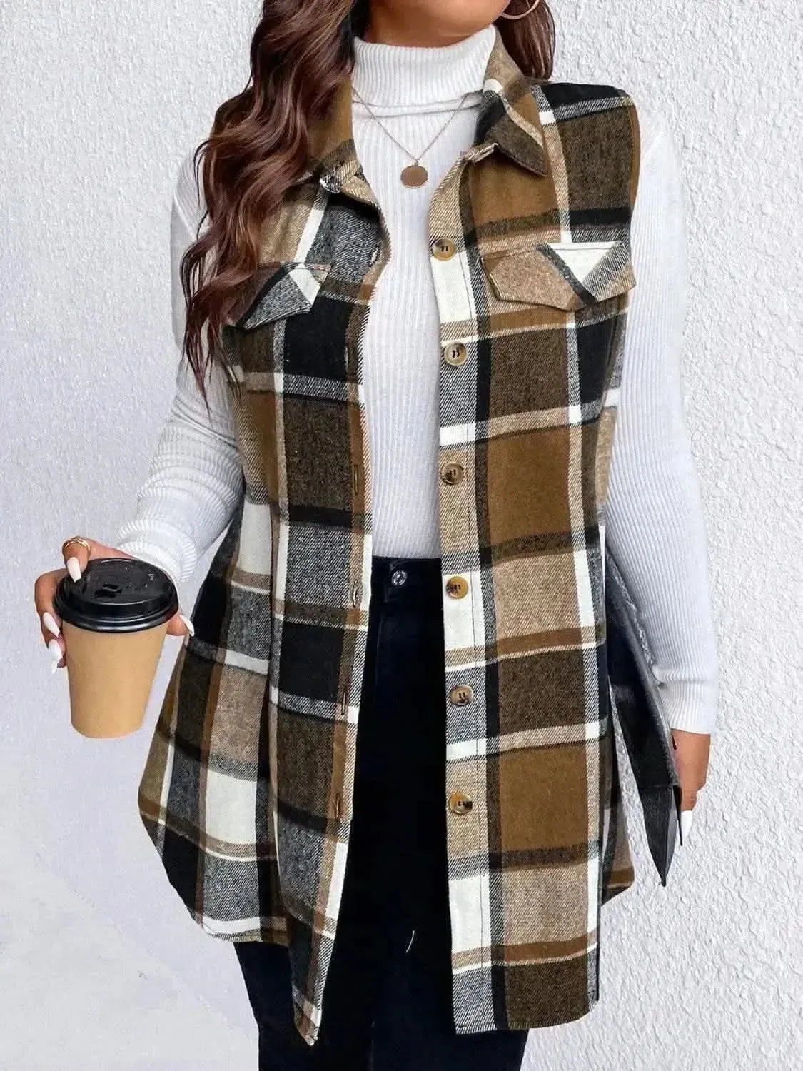 Honey Plus Size Pocketed Plaid Button Up Vest Coat - Bad Moms Club