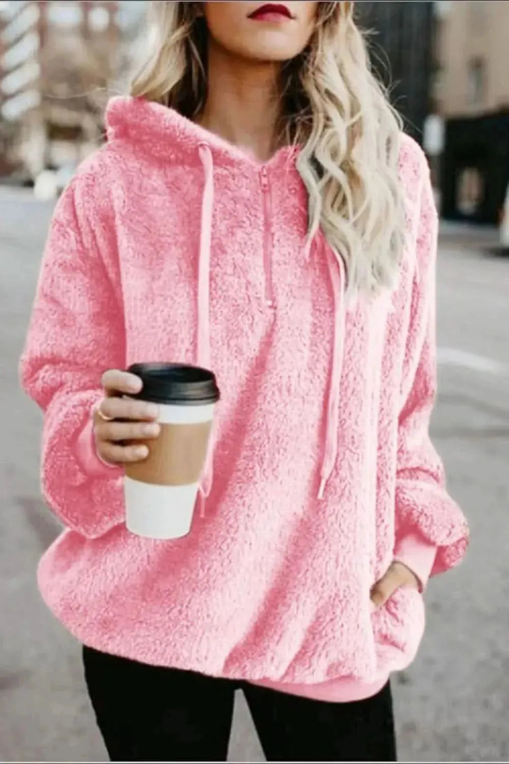 Full Size Quarter-Zip Drawstring Teddy Hoodie - Bad Moms Club