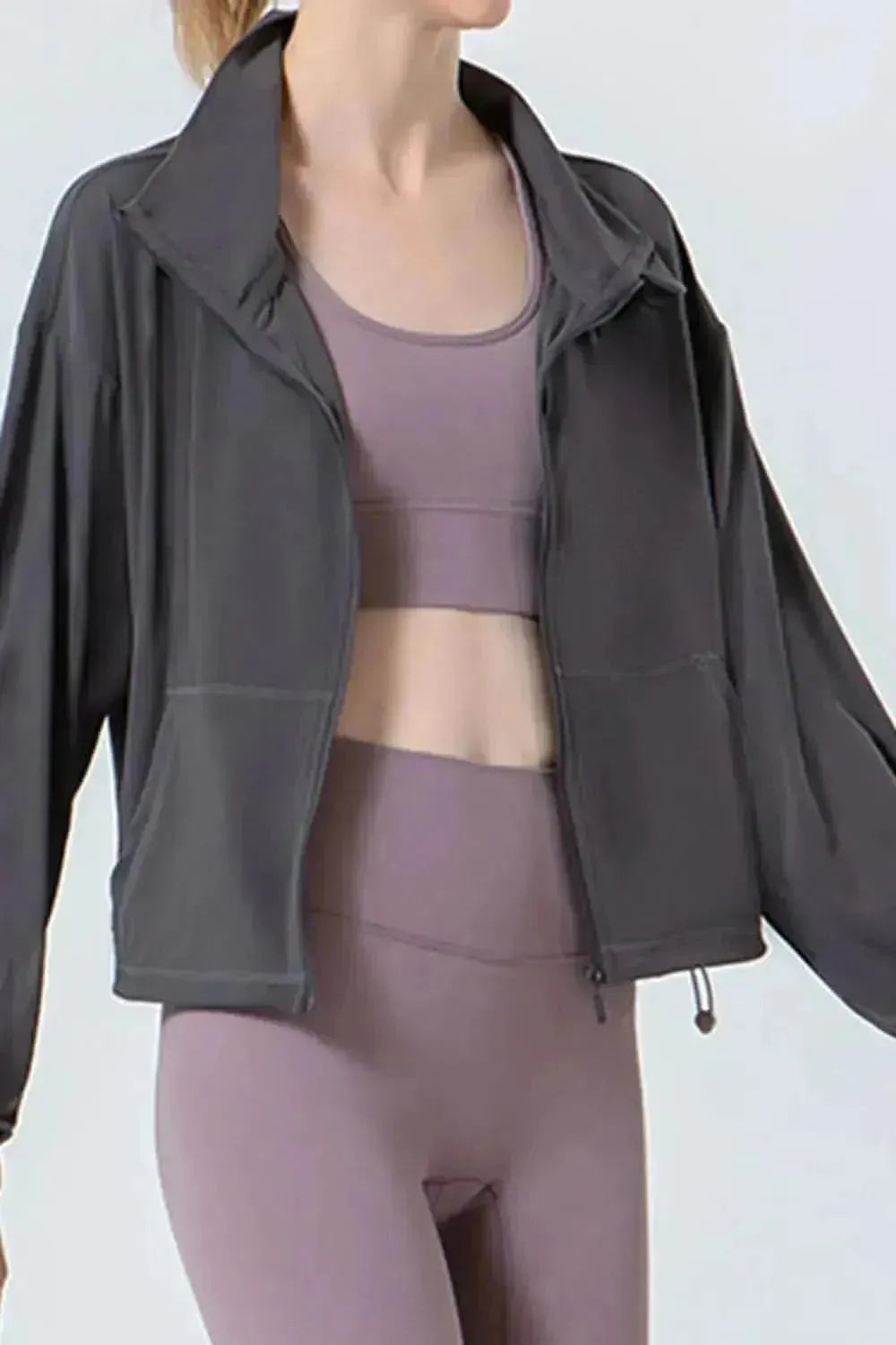 Drawstring Zip Up Dropped Shoulder Active Outerwear - Bad Moms Club