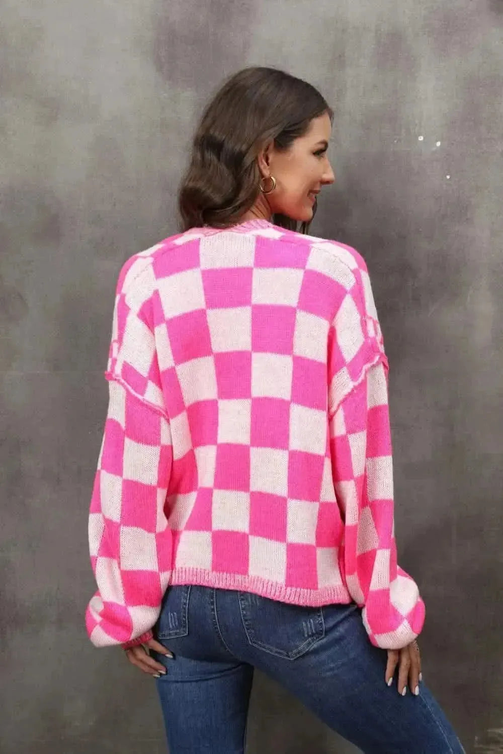 Checkered Open Front Drop Shoulder Cardigan - Bad Moms Club