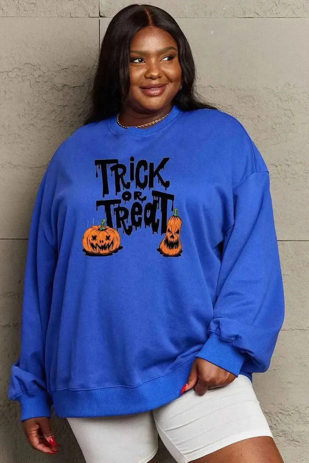 Simply Love Full Size TRICK OR TREAT Graphic Sweatshirt - Bad Moms Club