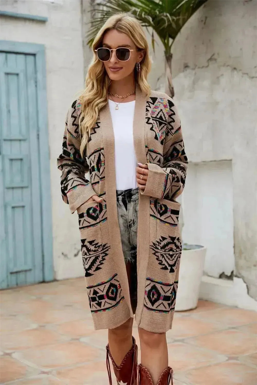 Pocketed Geometric Open Front Dropped Shoulder Cardigan - Bad Moms Club