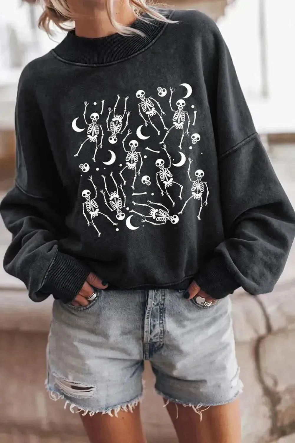 Skeleton Graphic Round Neck Long Sleeve Sweatshirt - Bad Moms Club