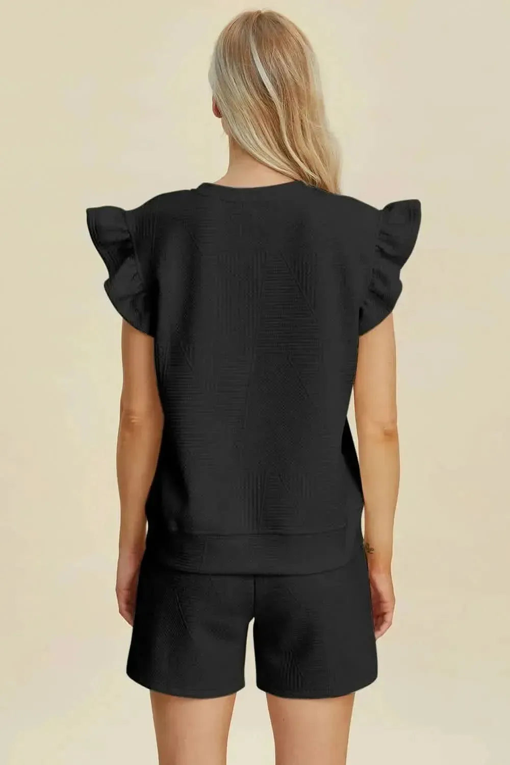 Double Take Full Size Texture Round Neck Ruffle Sleeve Top and Shorts Set - Bad Moms Club