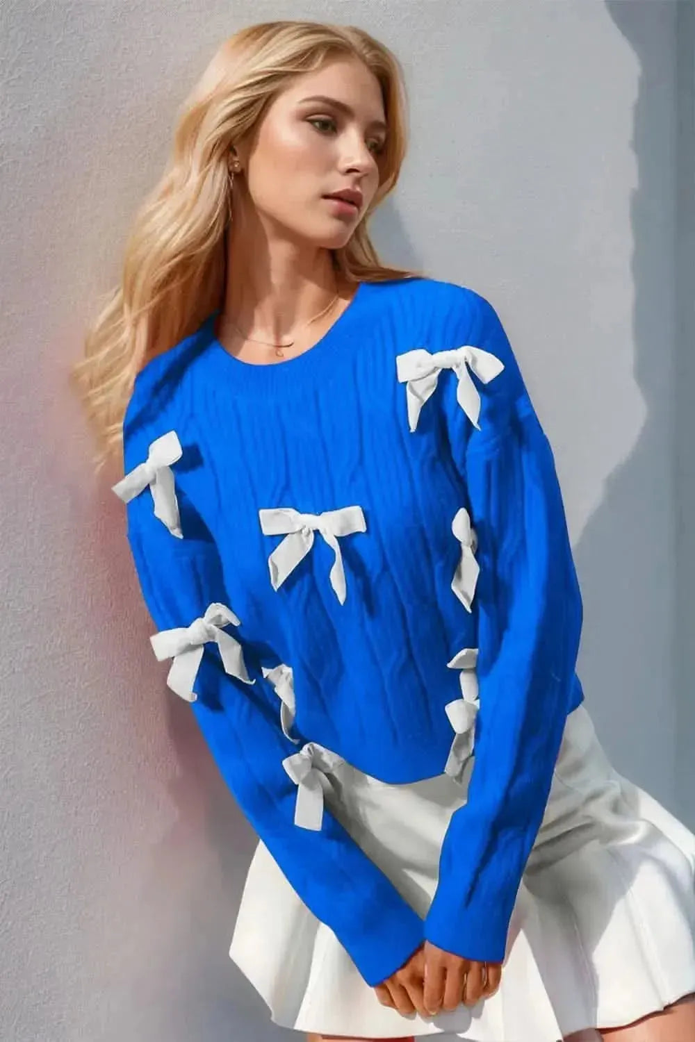 Double Take Full Size Bow Cable-Knit Round Neck Sweater - Bad Moms Club