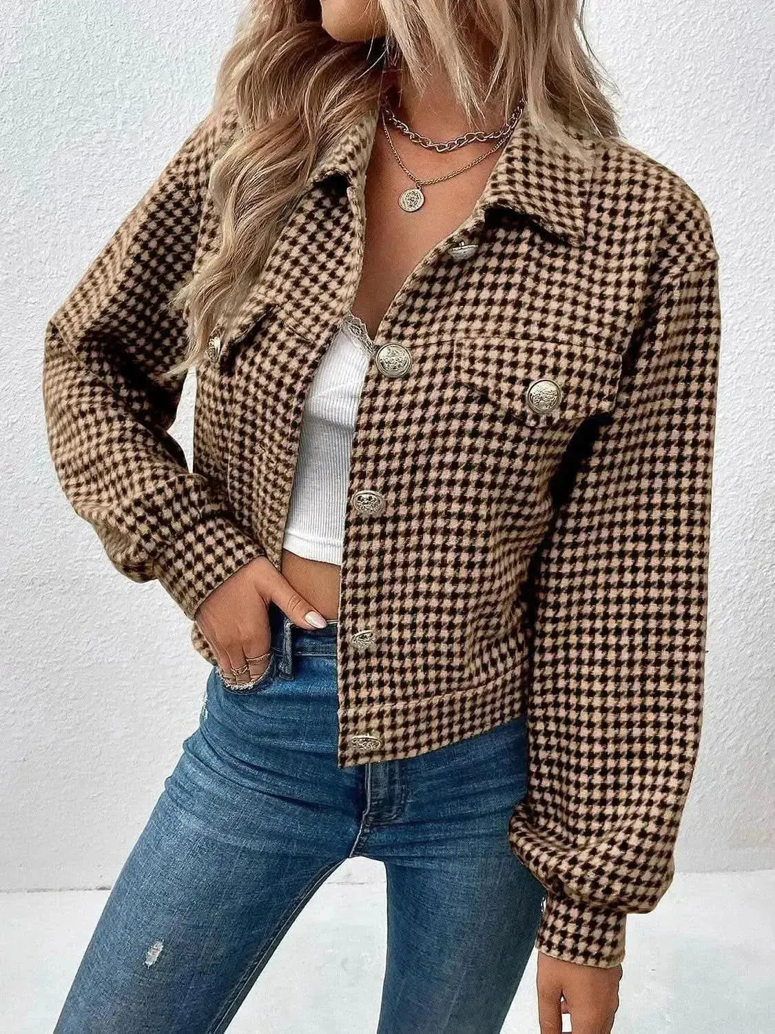 Houndstooth Collared Neck Button Up Jacket - Bad Moms Club