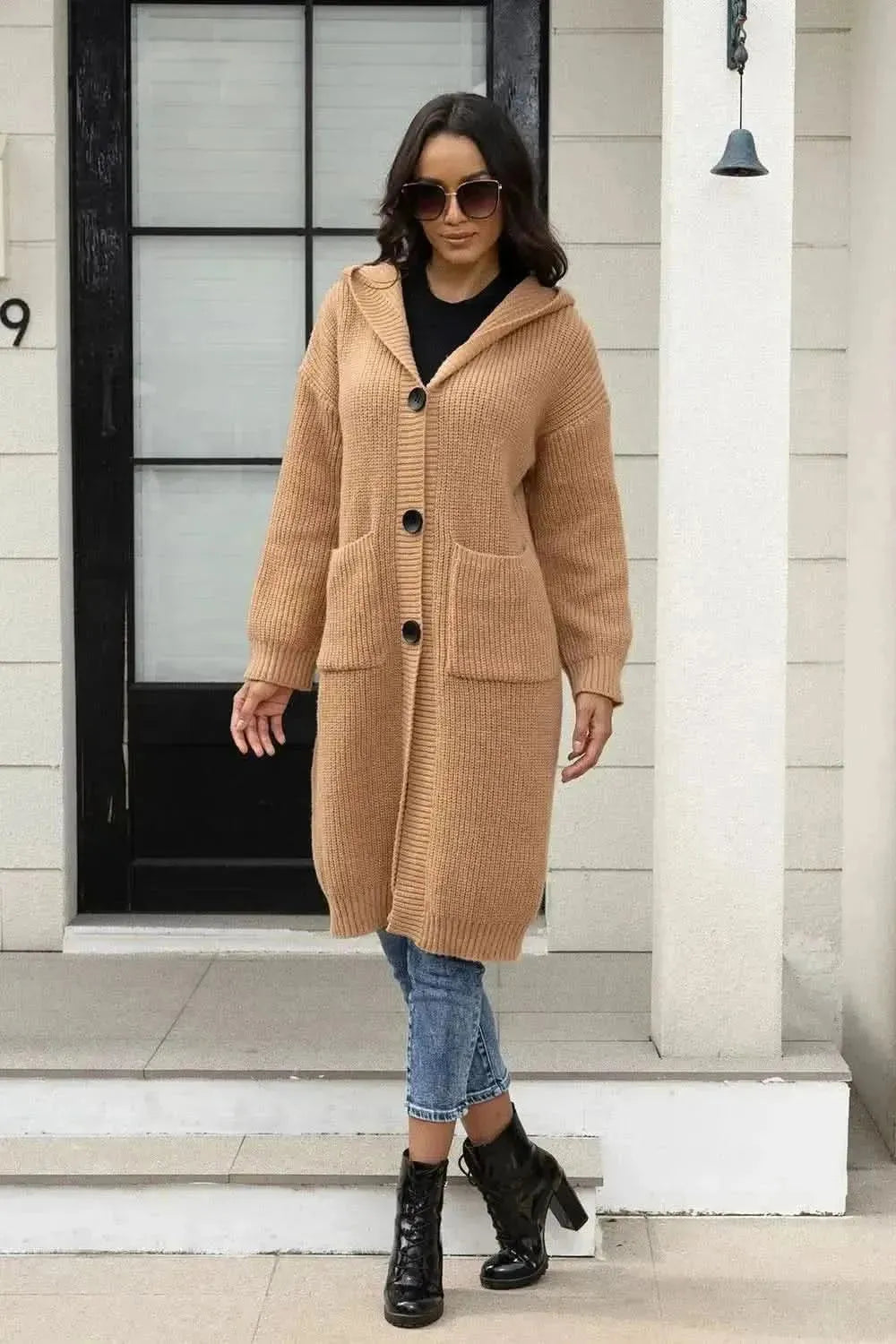 Button Up Long Sleeve Hooded Cardigan with Pockets - Bad Moms Club