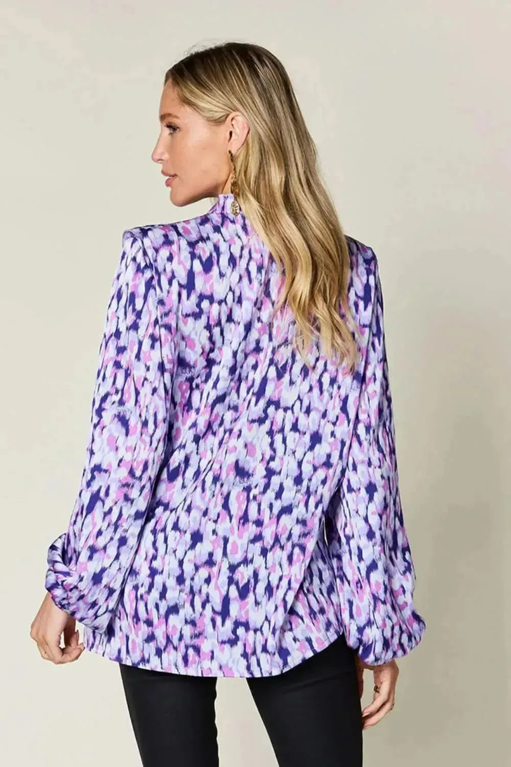 Double Take Full Size Printed Ruffle Trim Balloon Sleeve Shirt - Bad Moms Club
