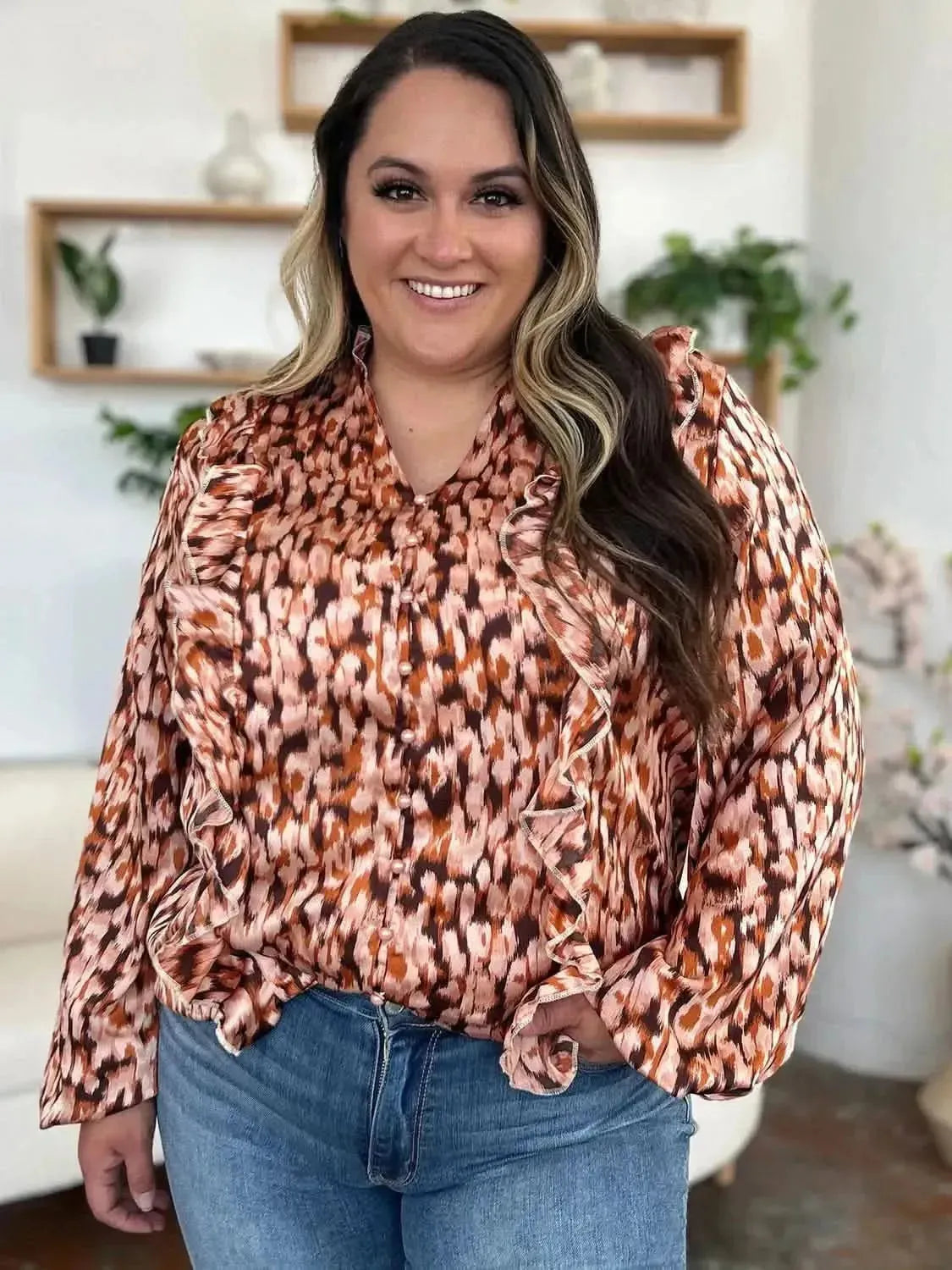Double Take Full Size Printed Ruffle Trim Balloon Sleeve Shirt - Bad Moms Club