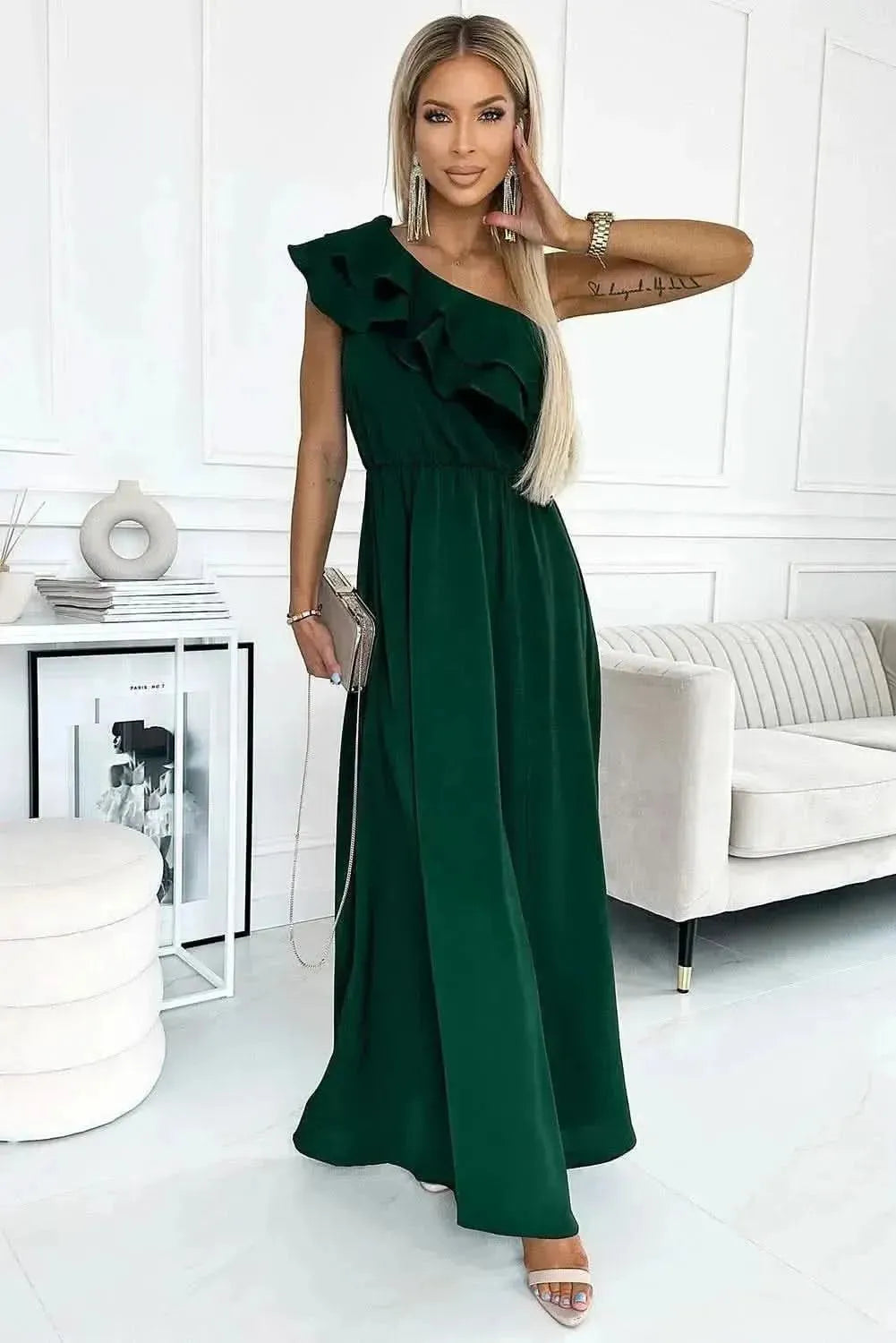 One-Shoulder Ruffled Maxi Dress - Bad Moms Club