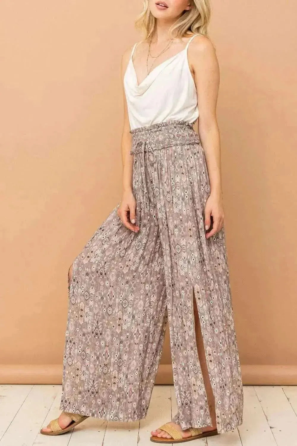 And The Why Printed Smocked Waist Slit Wide Leg Pants - Bad Moms Club