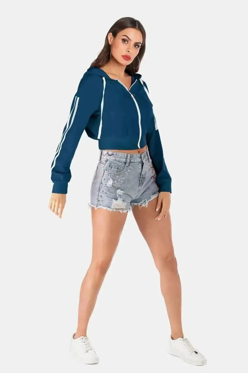 Perfee Side Stripe Drawstring Cropped Hooded Jacket - Bad Moms Club