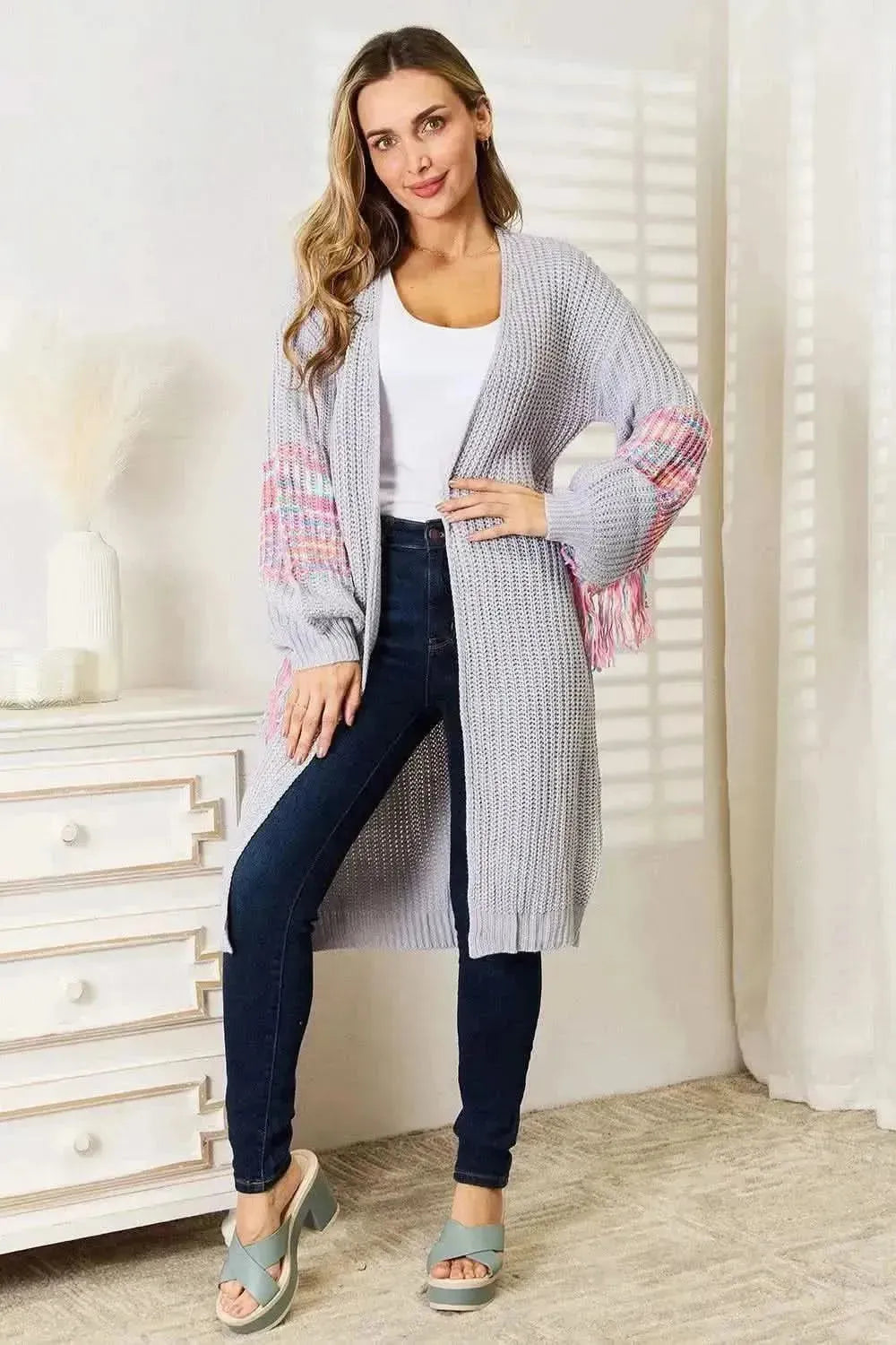 Woven Right Fringe Sleeve Dropped Shoulder Cardigan - Bad Moms Club