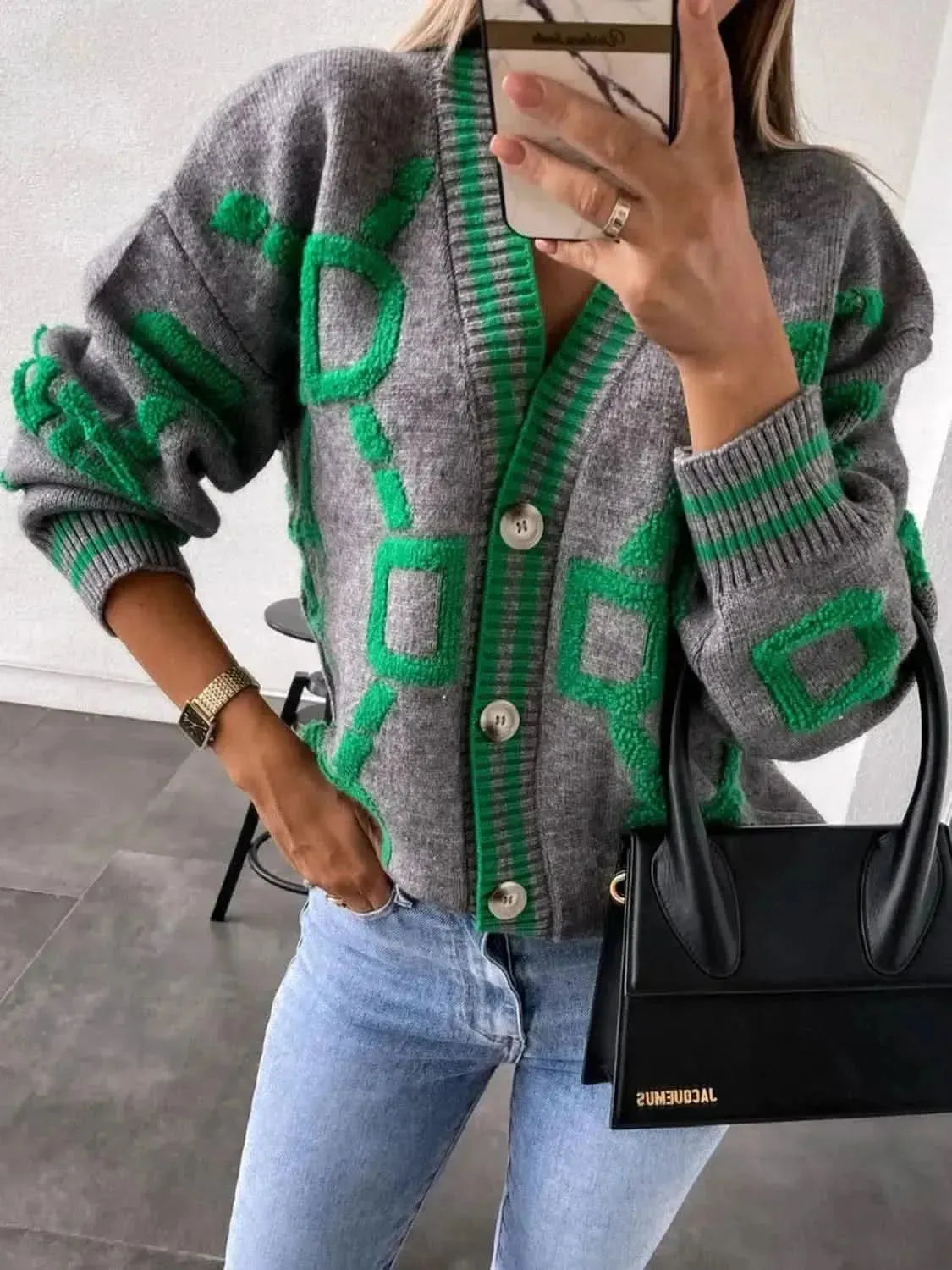 Geometric Dropped Shoulder Button Down Cardigan - Bad Moms Club