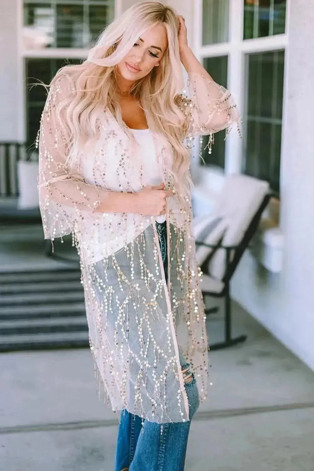 Sequin Open Front Sheer Cardigan - Bad Moms Club
