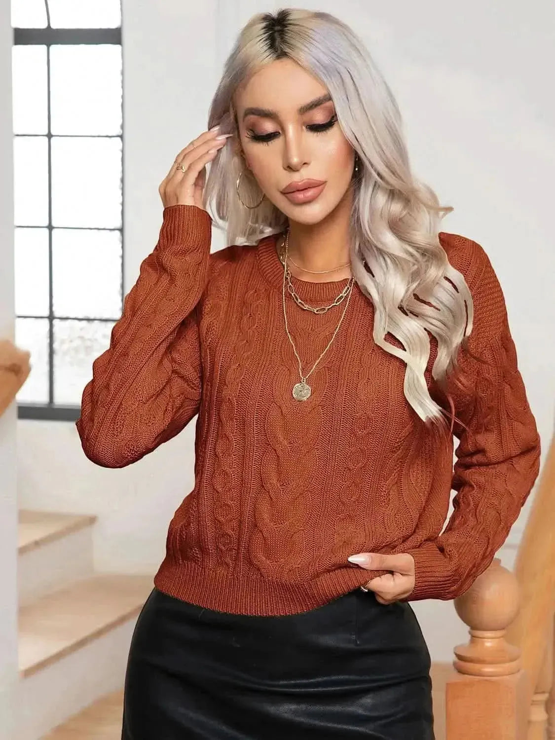 Cable-Knit Round Neck Long Sleeve Sweater - Bad Moms Club