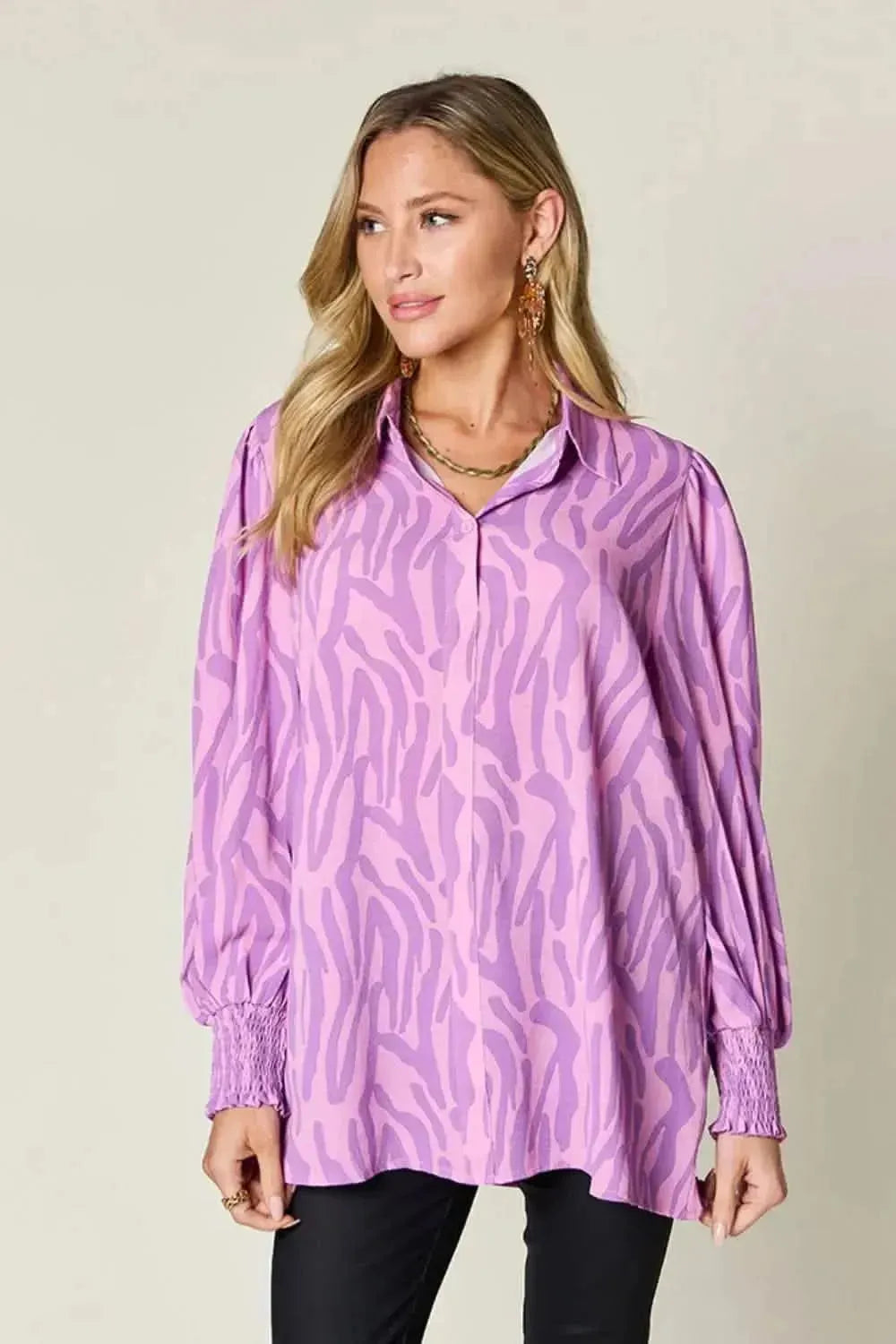 Double Take Full Size Printed Smocked Long Sleeve Blouse - Bad Moms Club