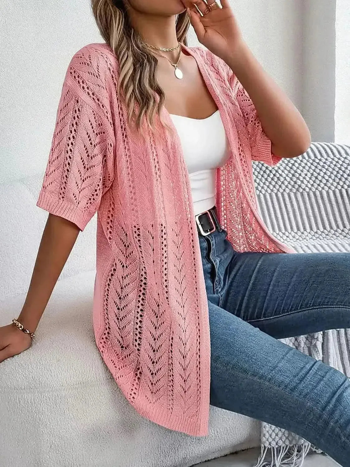 Openwork Open Front Half Sleeve Cardigan - Bad Moms Club
