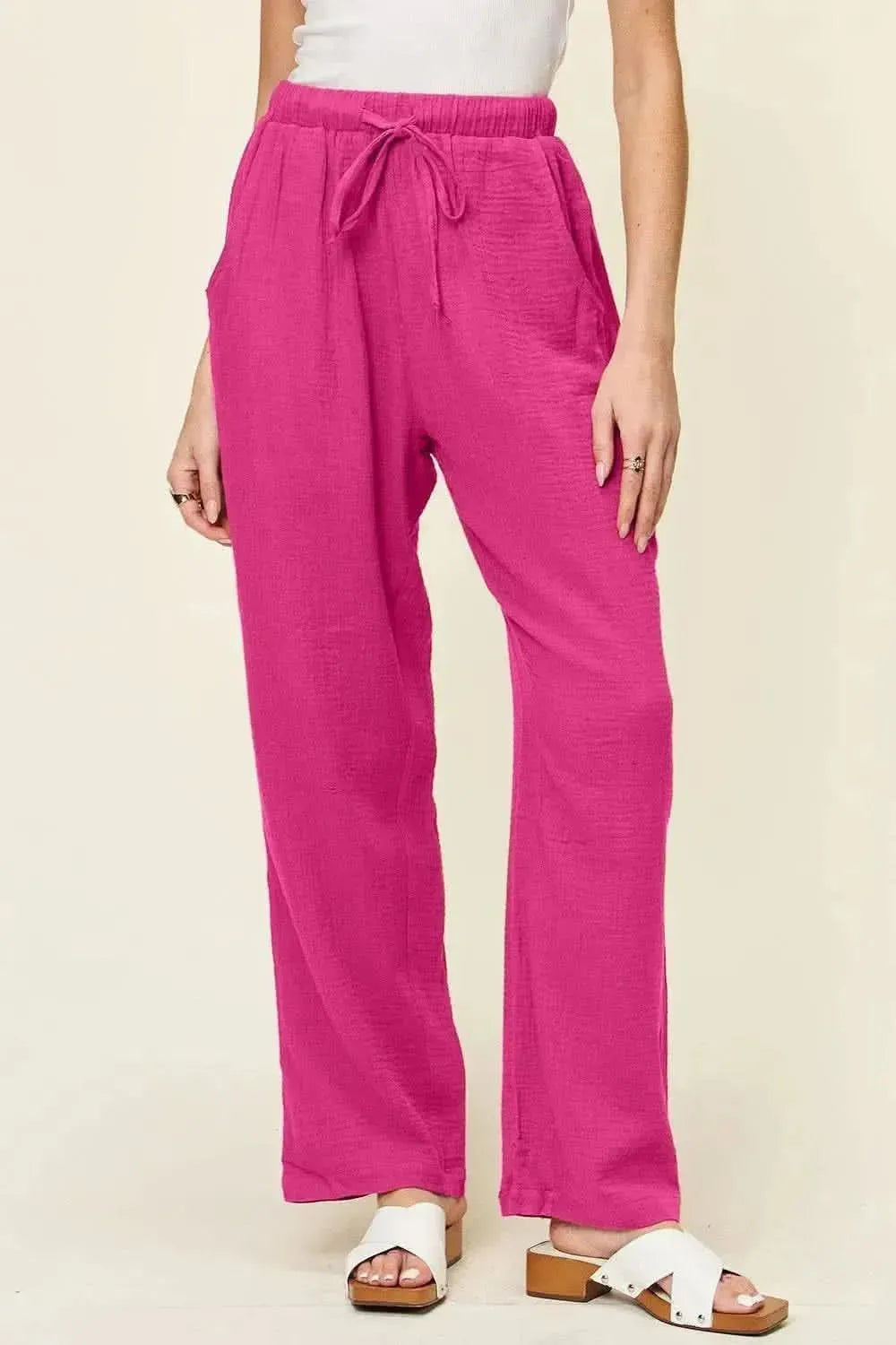 Double Take Full Size Texture Drawstring Straight Pants - Bad Moms Club
