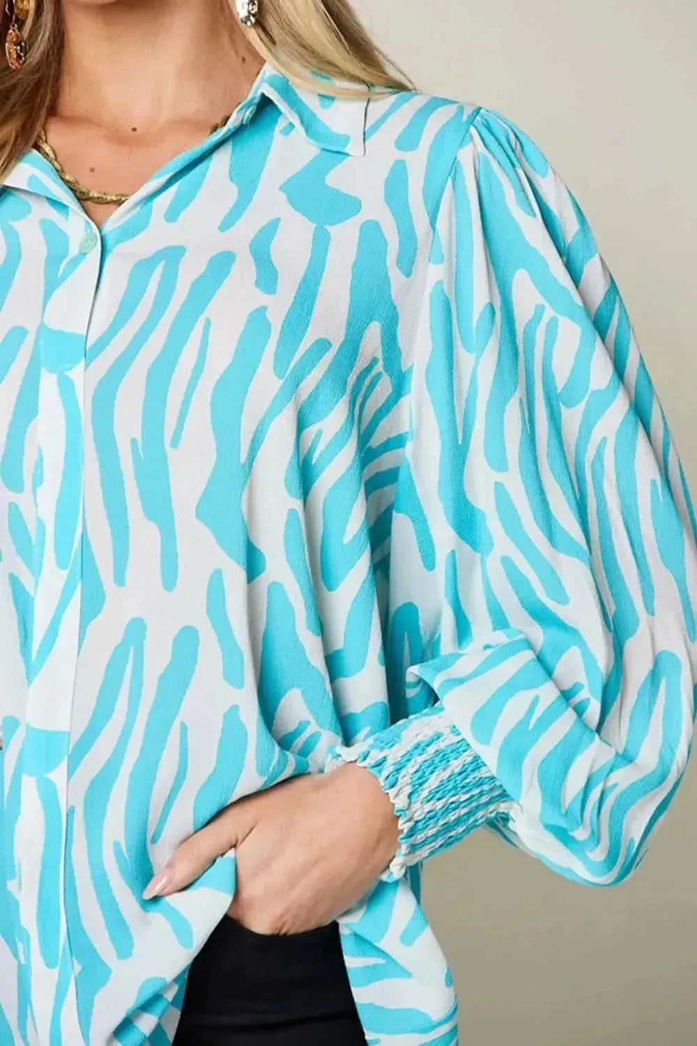Double Take Full Size Printed Smocked Long Sleeve Blouse - Bad Moms Club