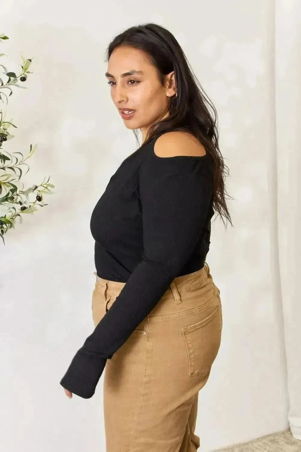Culture Code Full Size Ribbed Surplice Cold Shoulder Top - Bad Moms Club