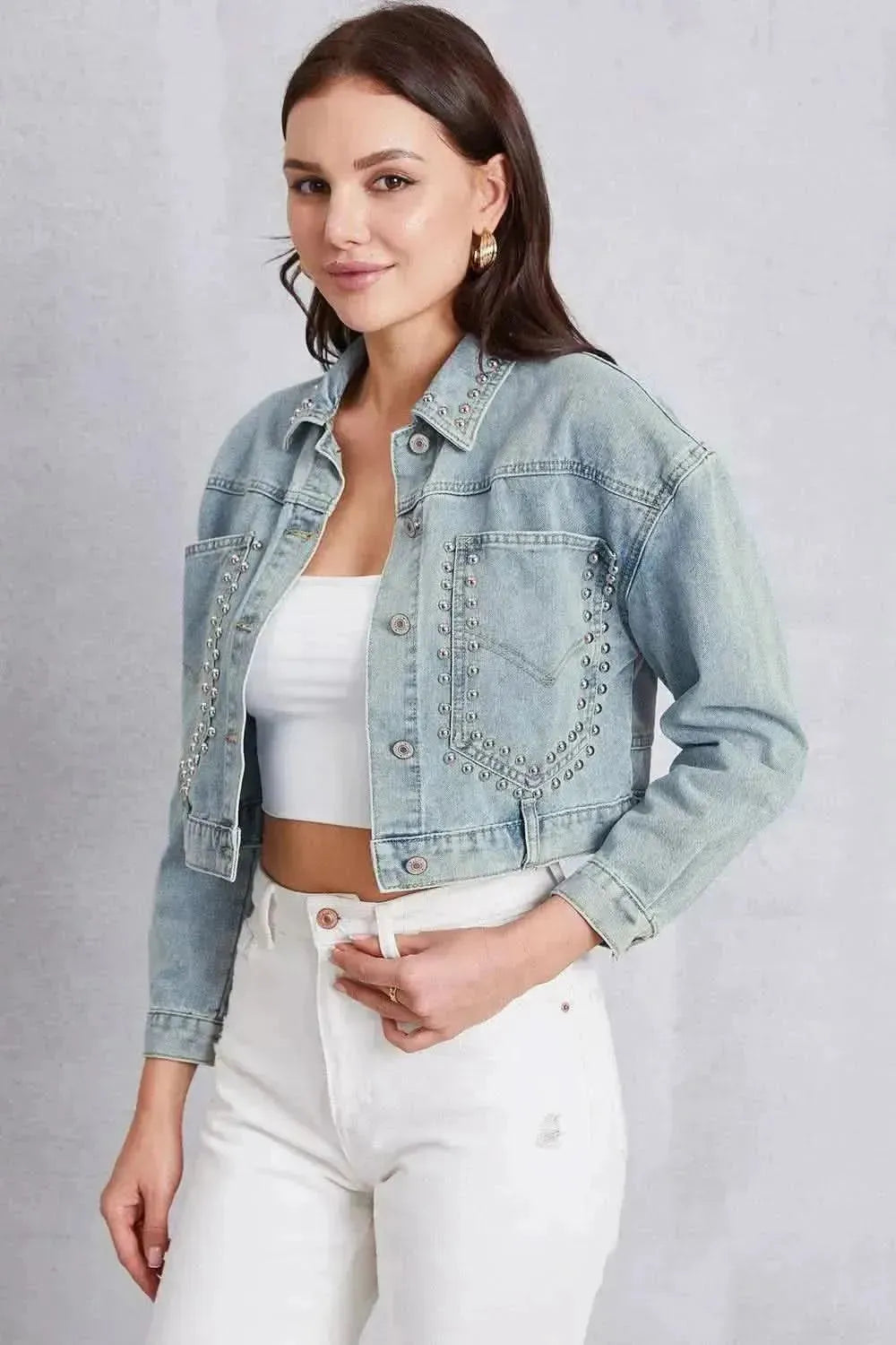 Studded Dropped Shoulder Denim Jacket - Bad Moms Club
