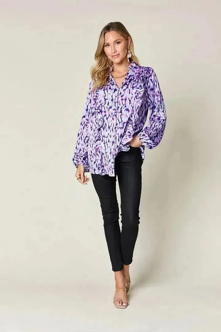 Double Take Full Size Printed Ruffle Trim Balloon Sleeve Shirt - Bad Moms Club