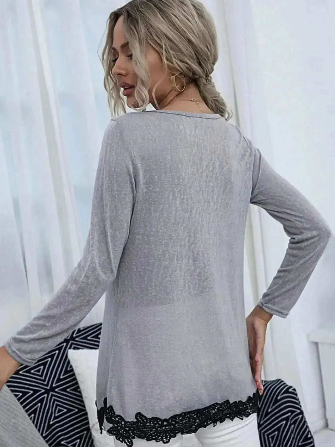 Shiny Spliced Lace Contrast Round Neck Top - Bad Moms Club