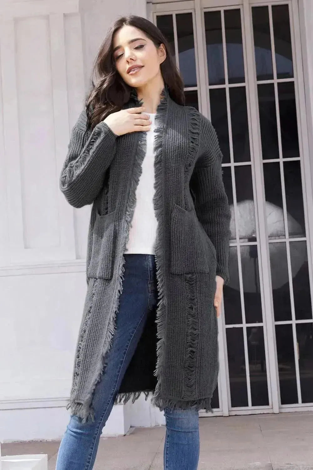 Fringe Trim Open Front Cardigan with Pockets - Bad Moms Club
