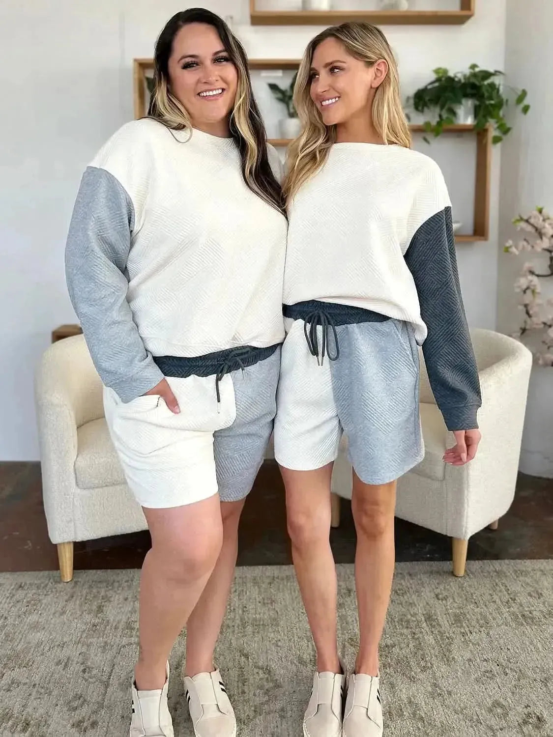 Double Take Full Size Contrast Drop Shoulder Top and Shorts Set - Bad Moms Club