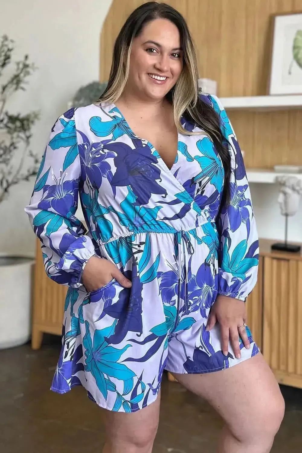 Double Take Full Size Floral Long Sleeve Romper with Pockets - Bad Moms Club