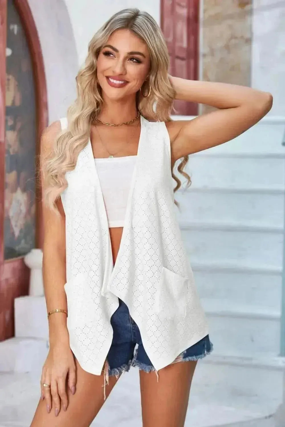 Eyelet Open Front Sleeveless Cardigan - Bad Moms Club