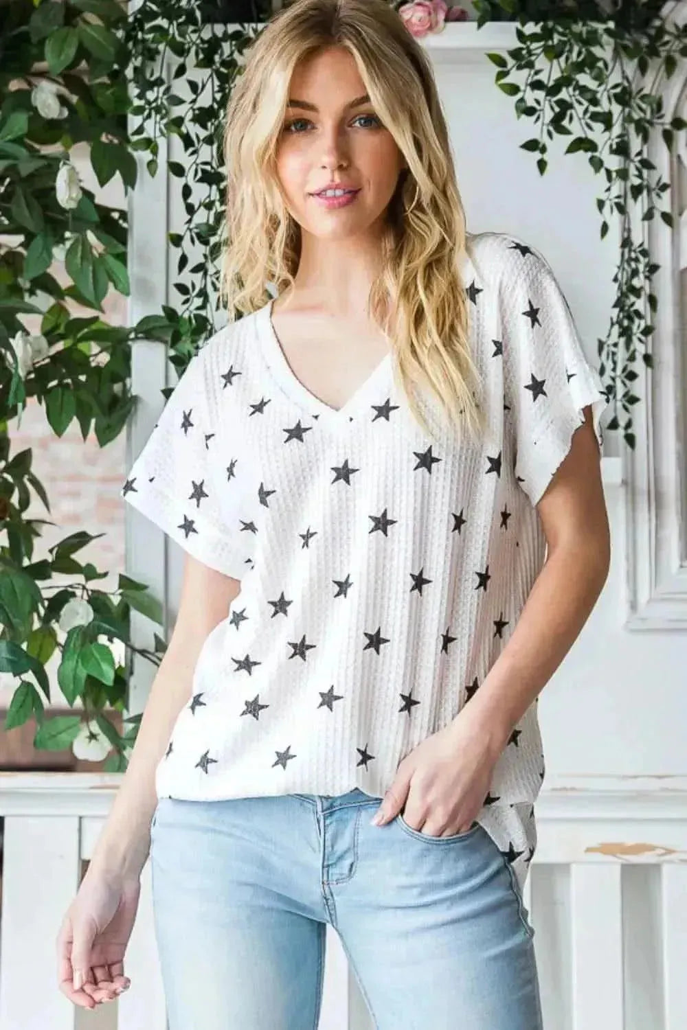 Heimish Full Size Star Print Short Sleeve V-Neck Waffle Knit T-Shirt - Bad Moms Club