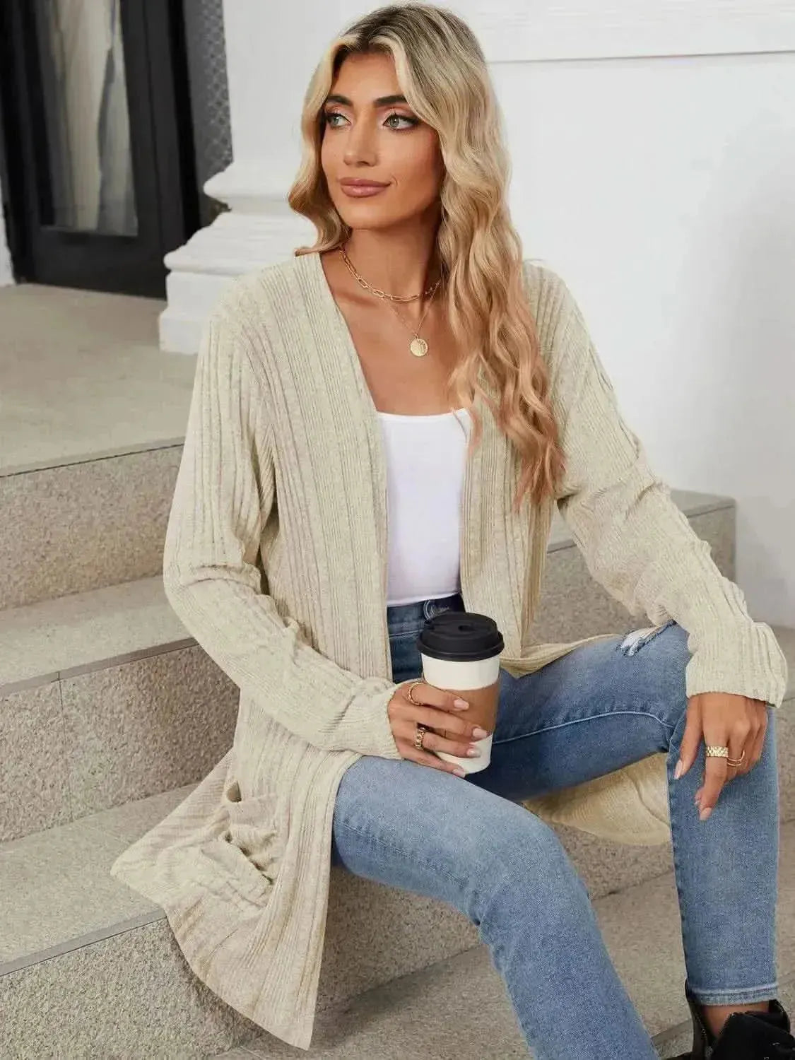 Pocketed Open Front Long Sleeve Cardigan - Bad Moms Club