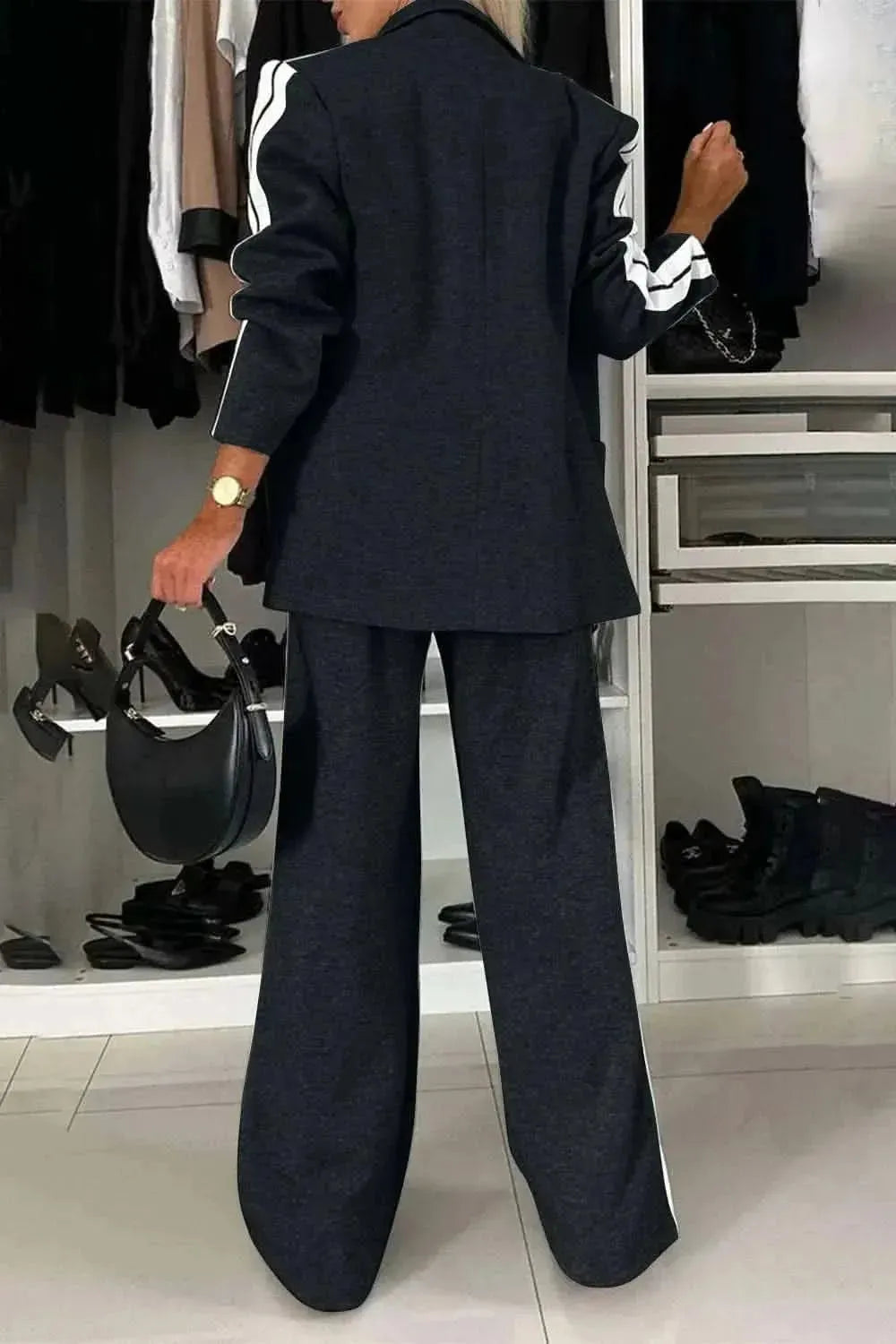 Full Size Contrast Lapel Collar Top and Pants Set - Bad Moms Club