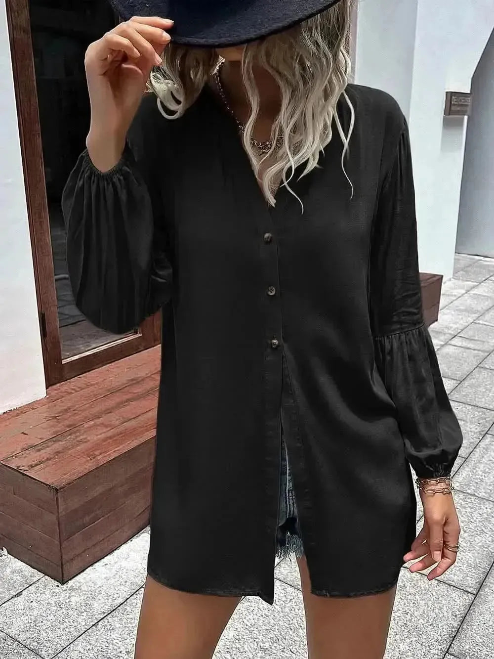 Ivy Lane Notched Neck Balloon Sleeve Shirt - Bad Moms Club