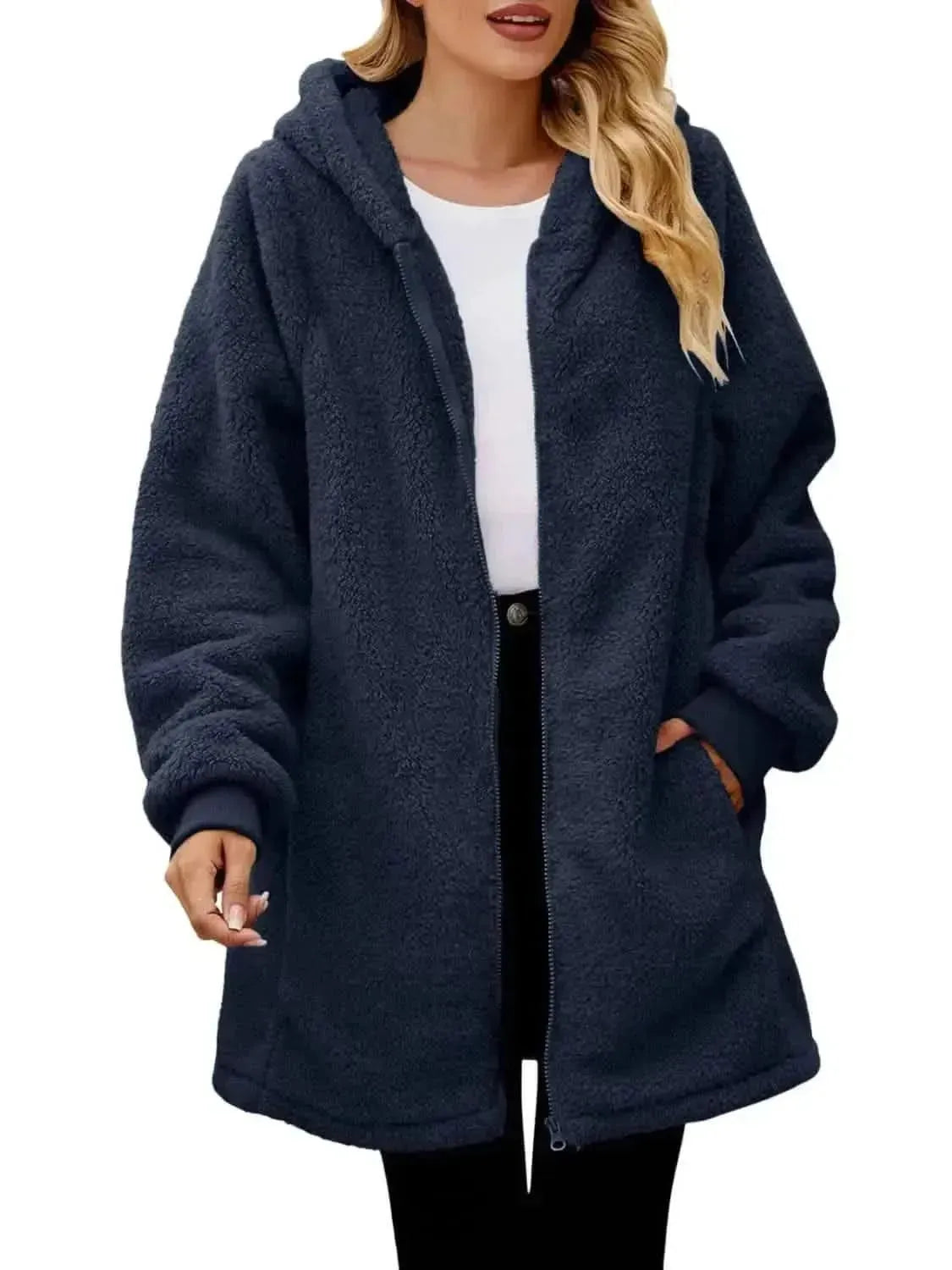 Fuzzy Pocketed Zip Up Long Sleeve Hooded Jacket - Bad Moms Club