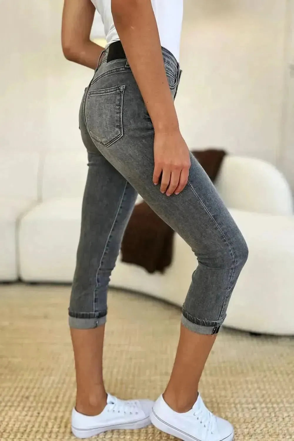 Judy Blue Full Size Button Fly High Waist Cuffed Capris - Bad Moms Club