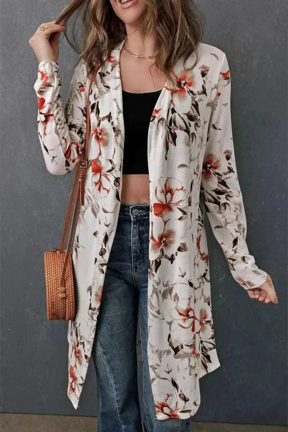 Double Take Printed Open Front Longline Cardigan - Bad Moms Club