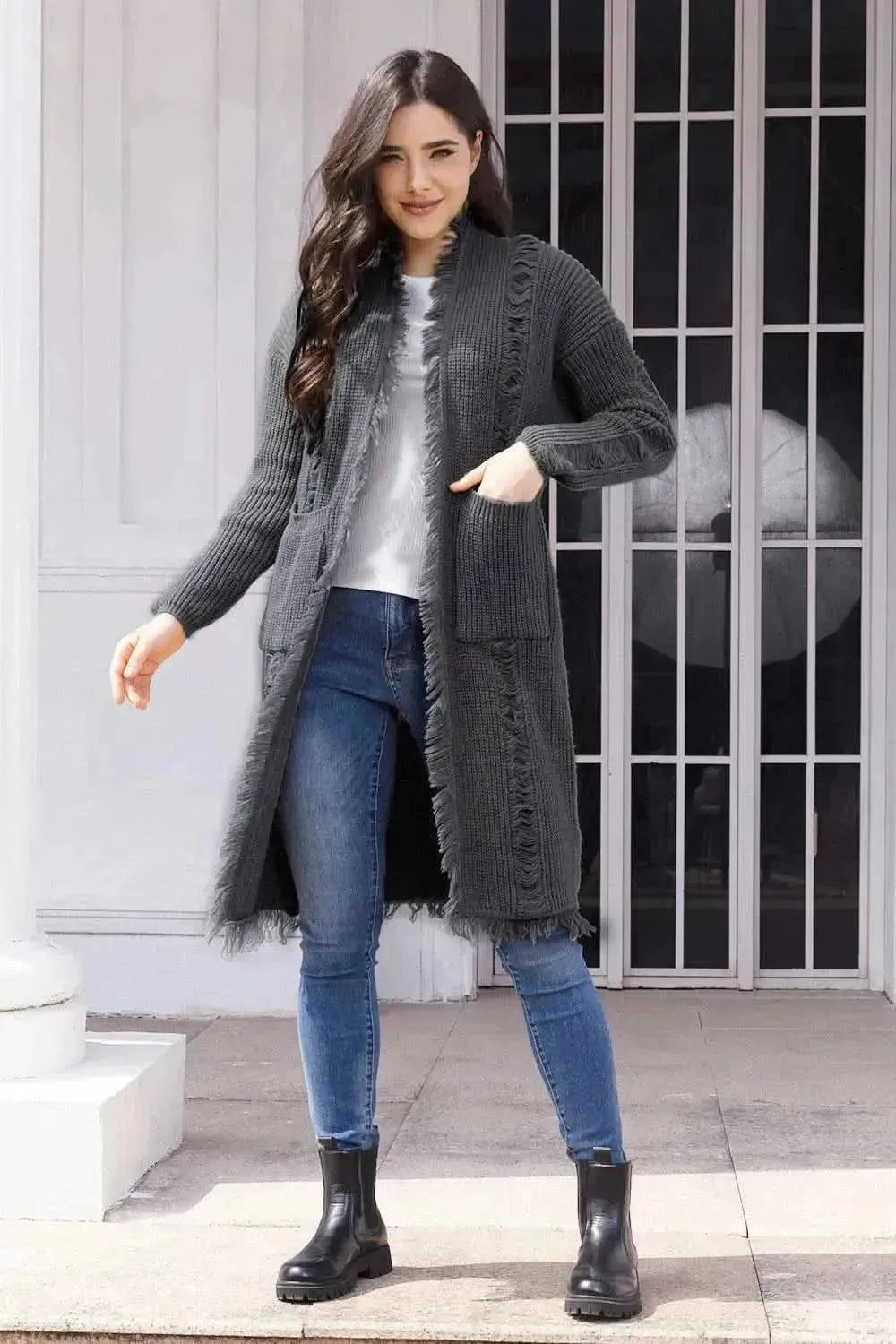 Fringe Trim Open Front Cardigan with Pockets - Bad Moms Club