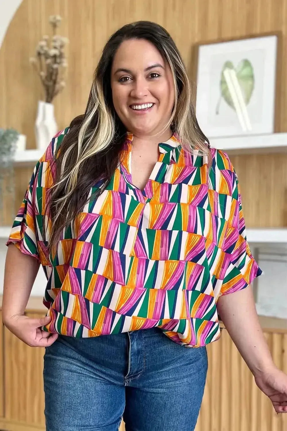 Double Take Full Size Geometric Notched Dolman Sleeve Top - Bad Moms Club
