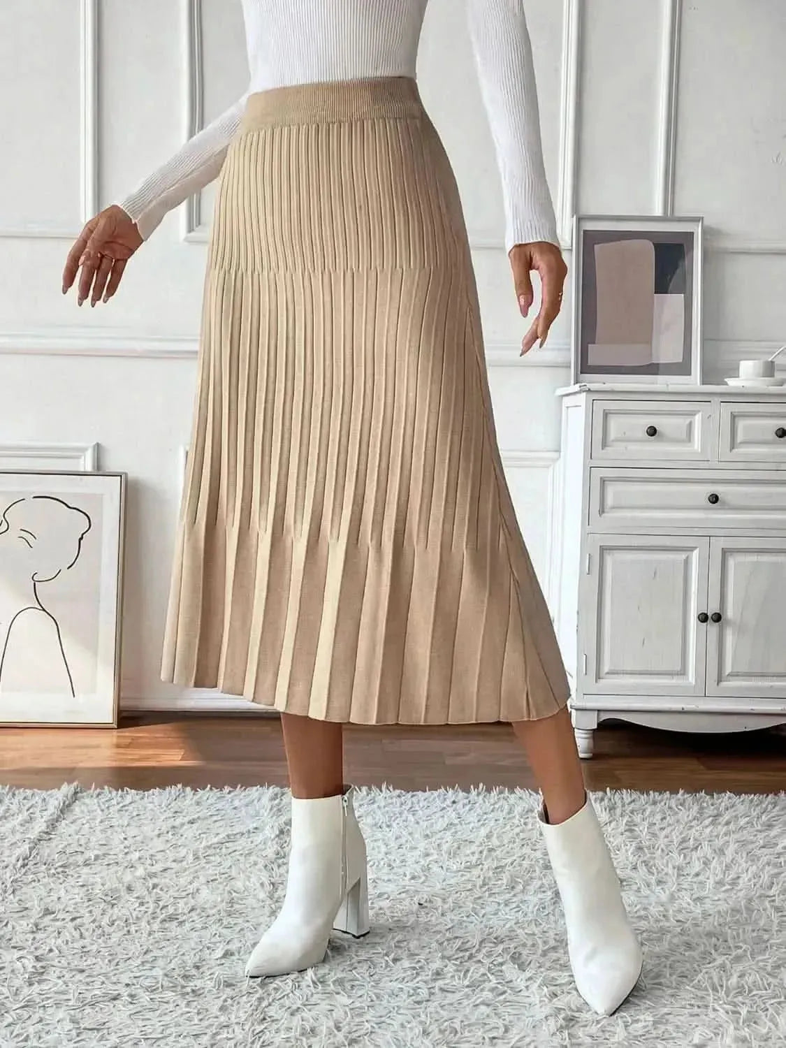 Perfee Pleated Midi Sweater Skirt - Bad Moms Club