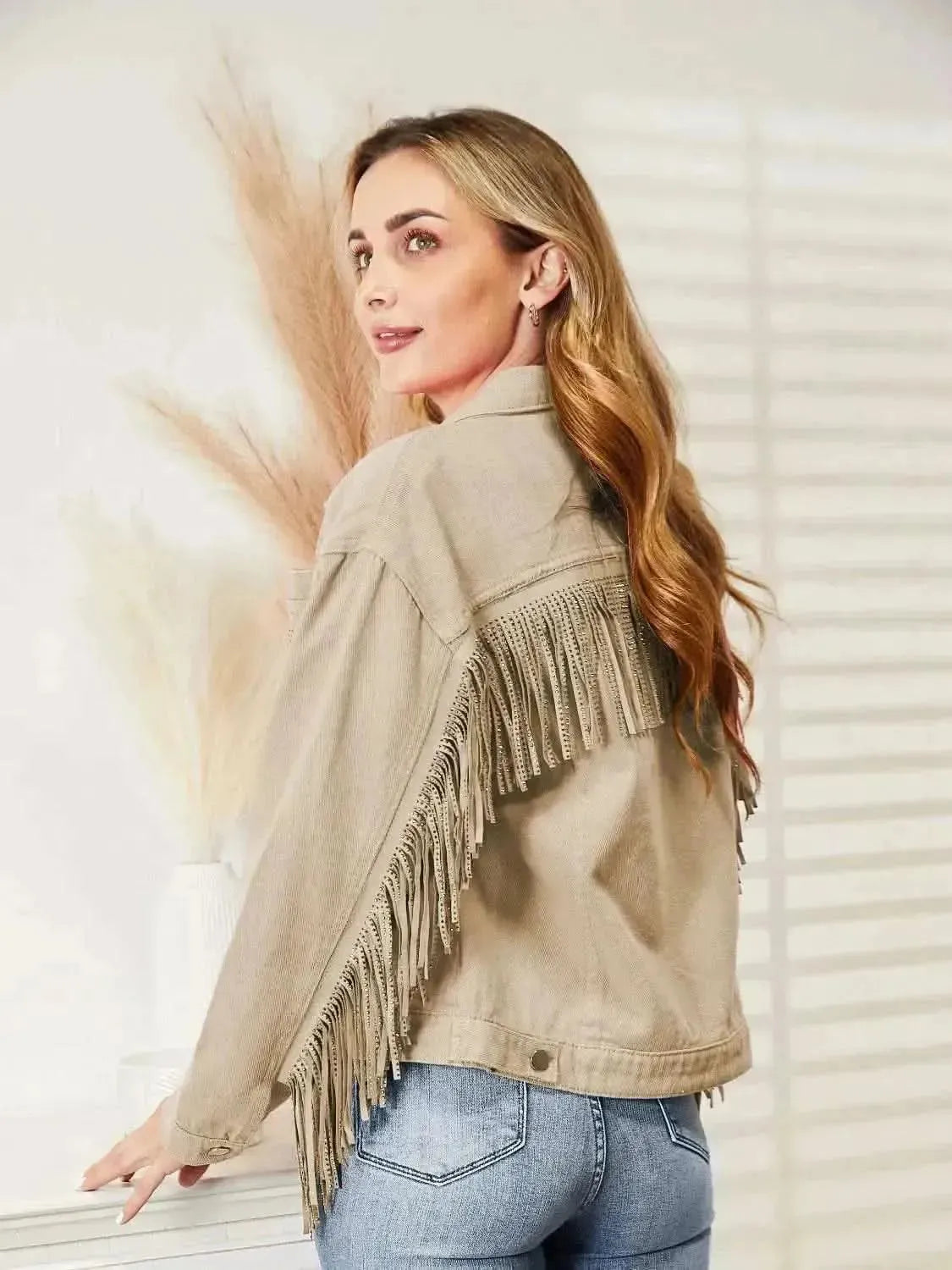 Fringe Detail Dropped Shoulder Denim Jacket - Bad Moms Club