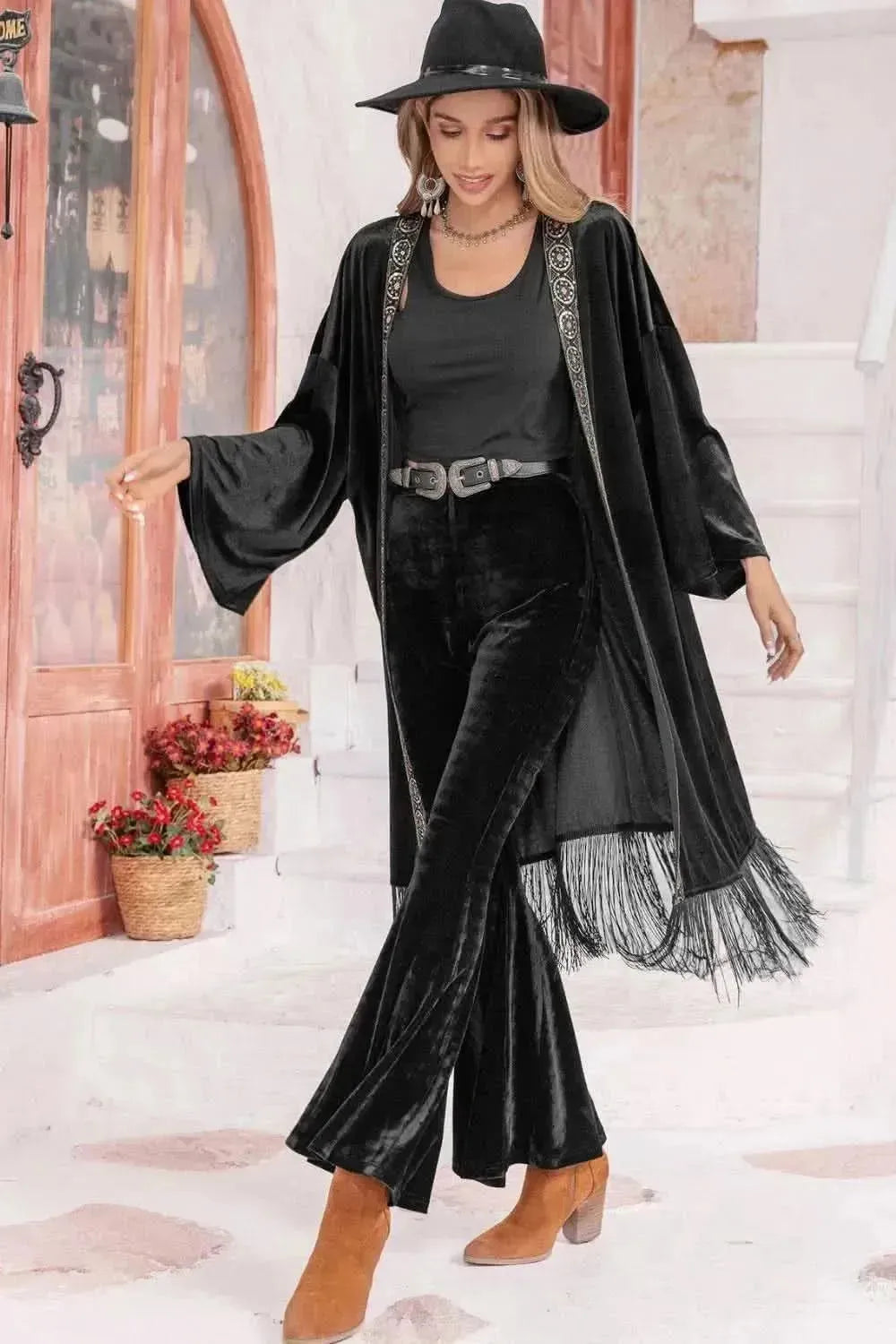 Opne Front Fringe Detail Long Sleeve Cardigan - Bad Moms Club