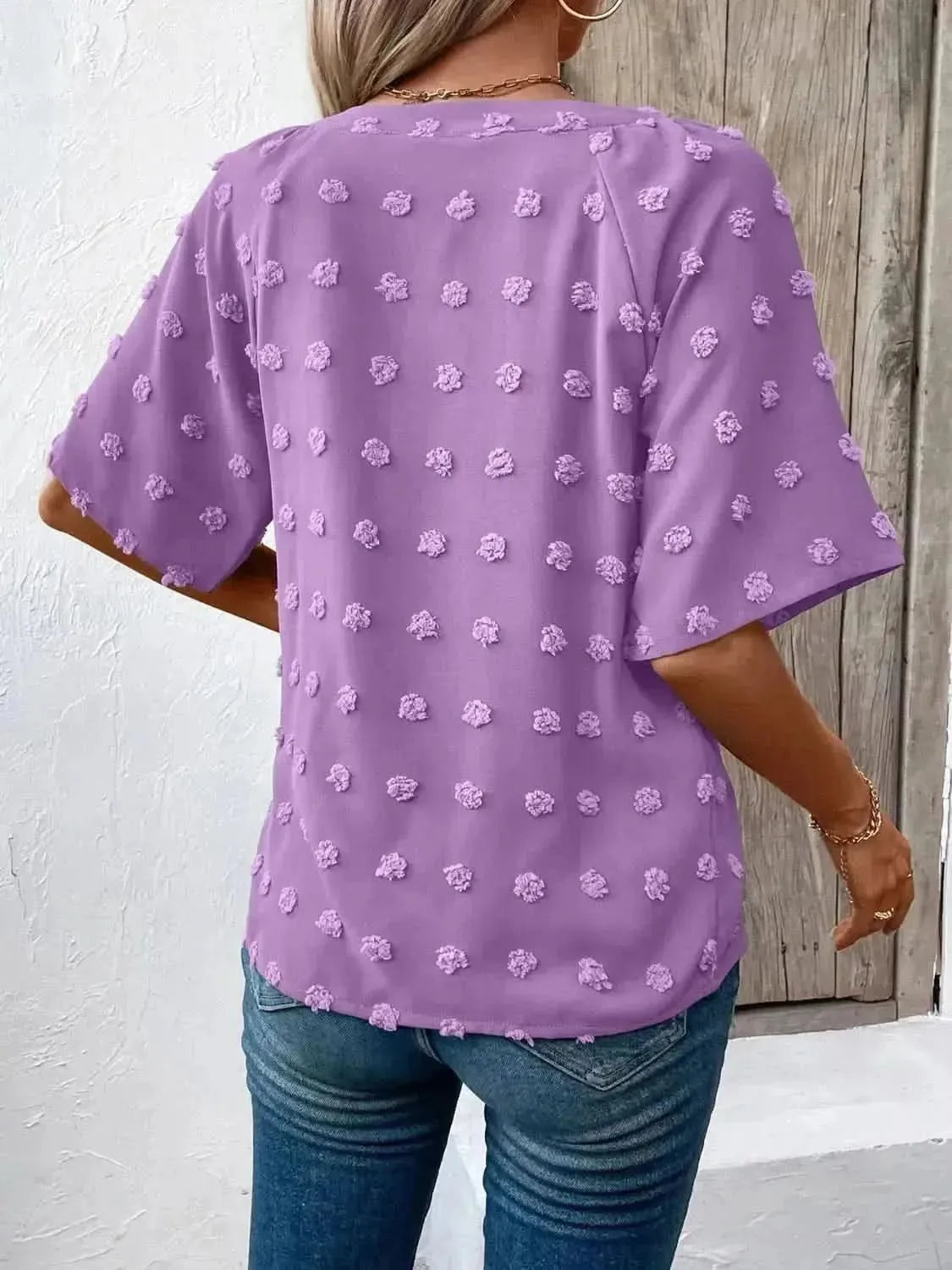 Ivy Lane Swiss Dot Notched Half Sleeve Blouse - Bad Moms Club