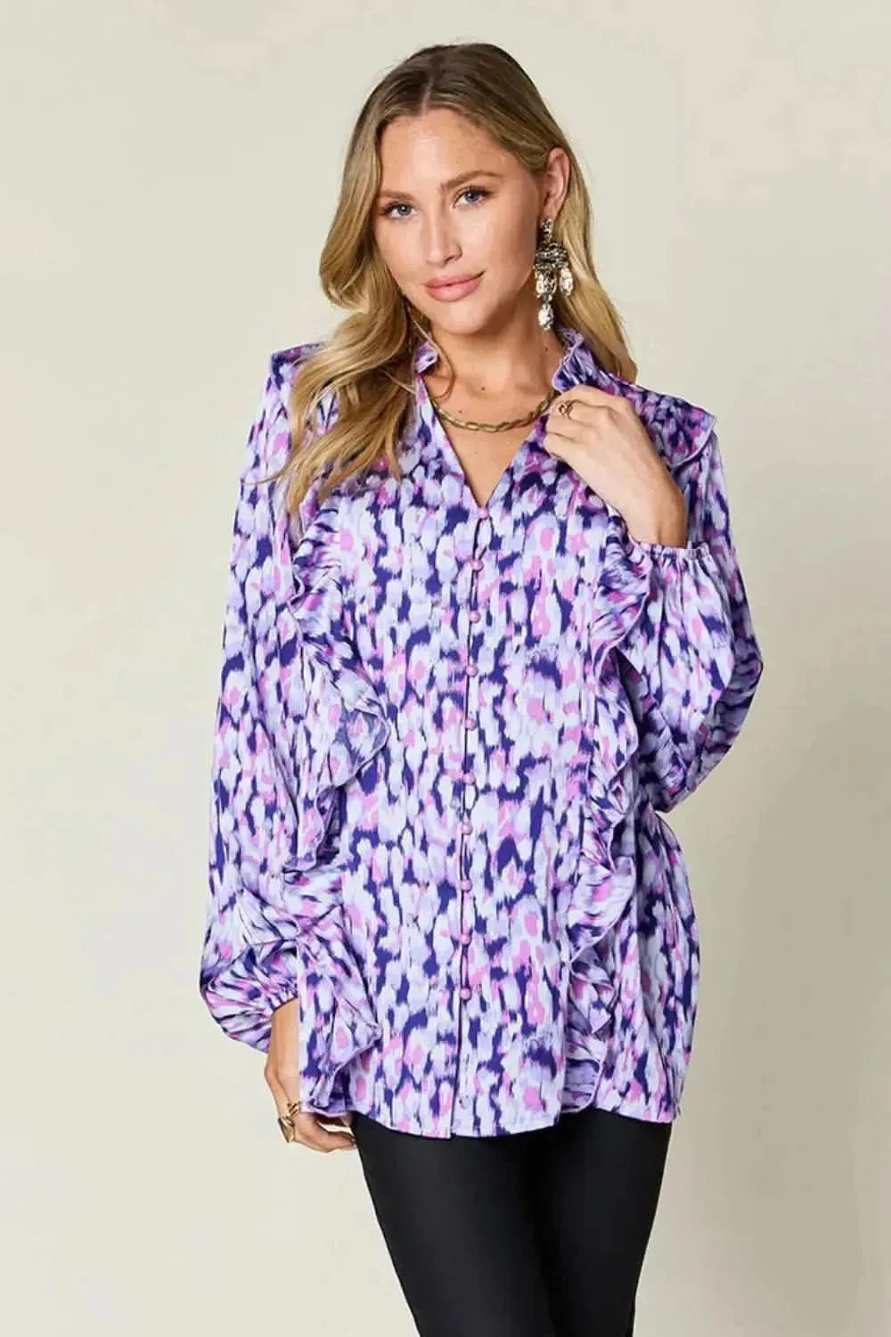 Double Take Full Size Printed Ruffle Trim Balloon Sleeve Shirt - Bad Moms Club