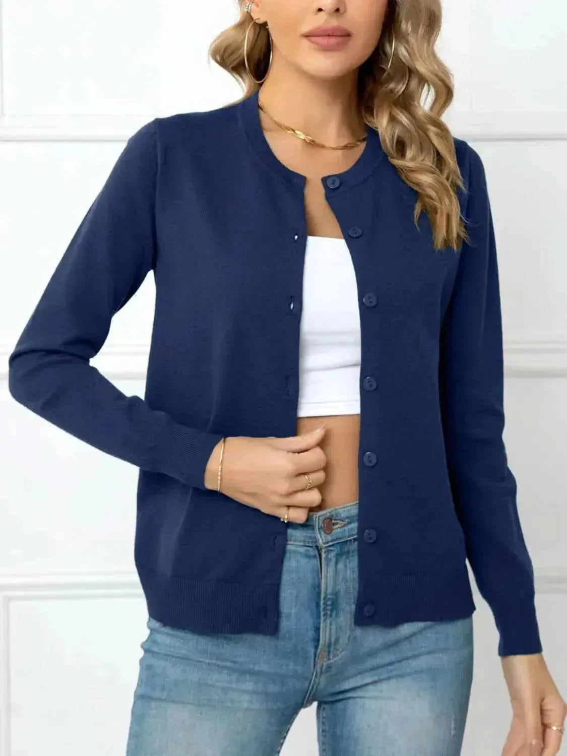 Button Down Round Neck Cardigan - Bad Moms Club