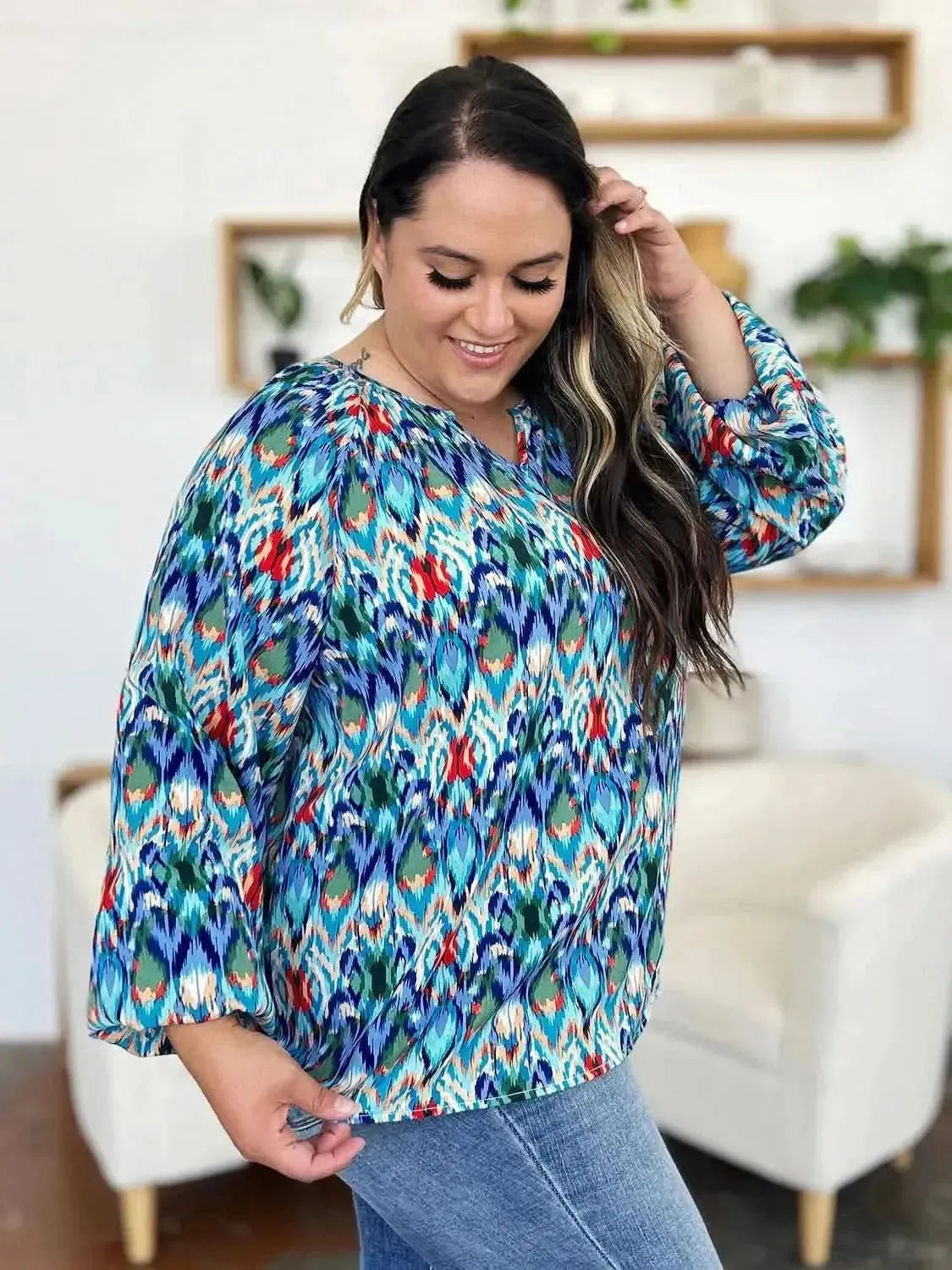Double Take Full Size Printed Balloon Sleeve Blouse - Bad Moms Club