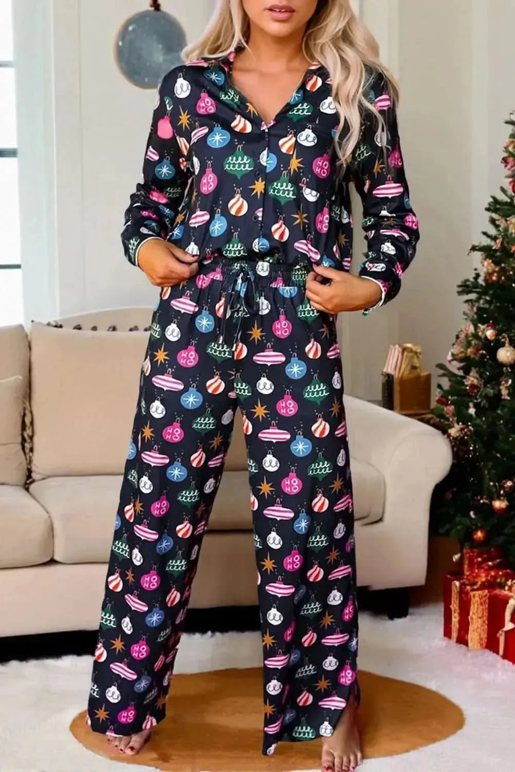Christmas Lights Print Collared Neck Top and Pants Set - Bad Moms Club